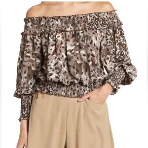 Patriza Luca Smocked Off-the-shoulder Blouse in Grey NWT Size L